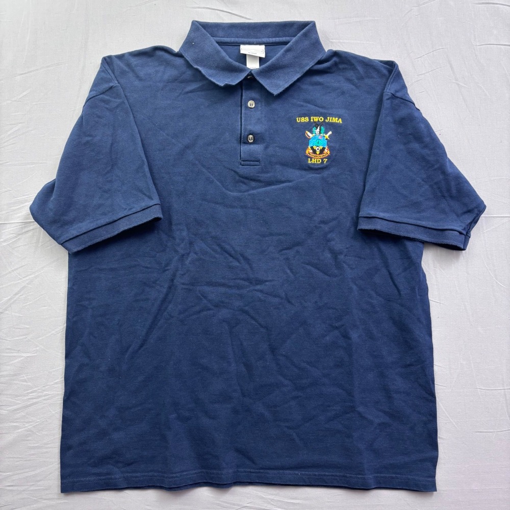 Anvil USS Iwo Jima LHD 7 Navy Blue Cotton Polo Shirt XL Military Navy Veteran